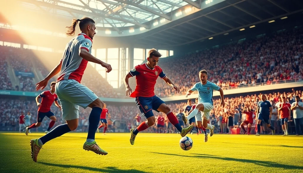 Players in action during a thrilling judi bola match in a vibrant stadium, showcasing excitement and energy.