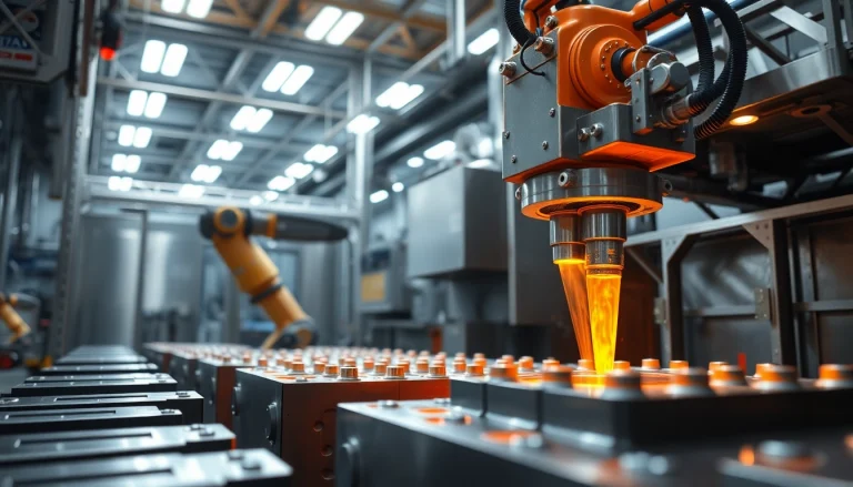 Manufacture of plastic parts showcasing a robotic arm injecting molten plastic into molds in a clean industrial environment.