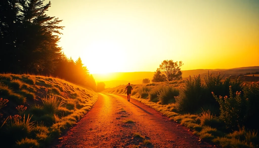 A runner enjoying a scenic trail at sunrise, highlighting the beauty of running in nature.