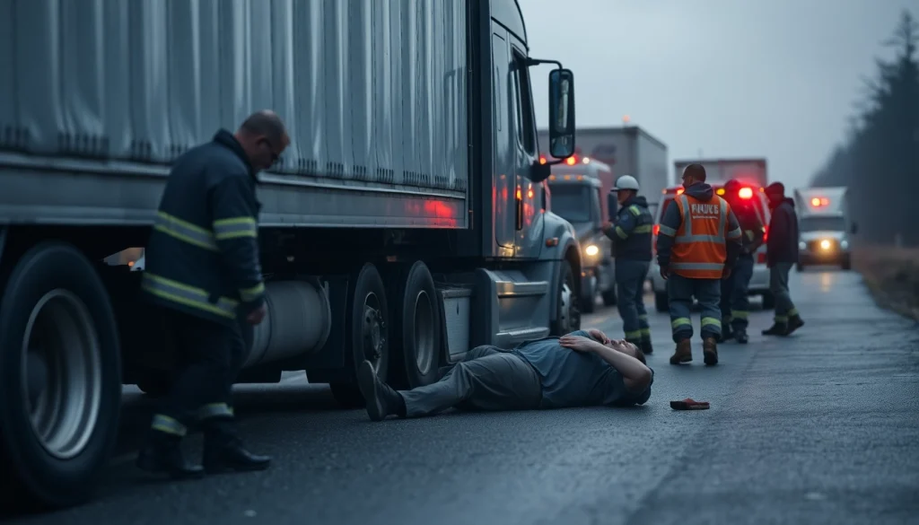 Nationwide Truck Accident Attorneys helping an injured truck driver at the scene with first responders.