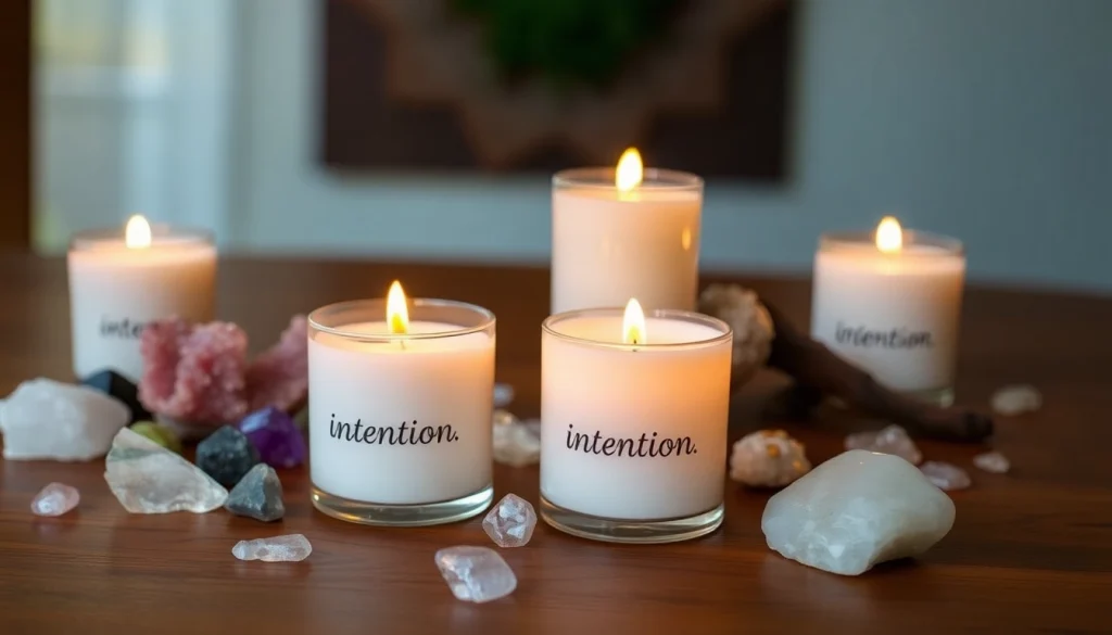 Using intention candles in a serene setting with crystals, evoking calm and focus on manifestation.