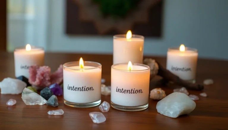 Using intention candles in a serene setting with crystals, evoking calm and focus on manifestation.