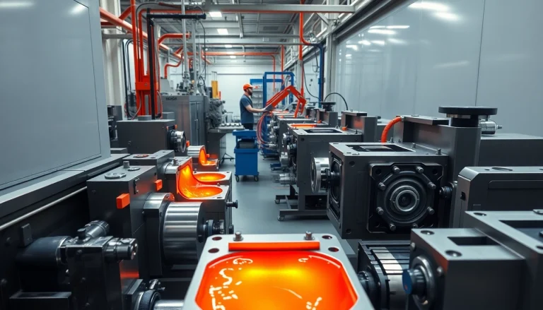 Injection molding process showcasing advanced machinery and molten materials in a modern factory.