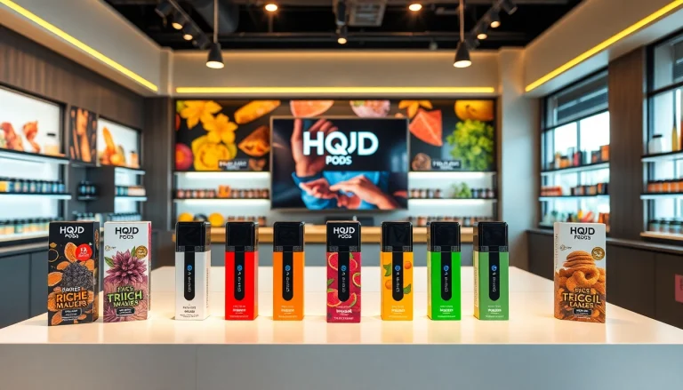 Showcase a variety of HQD Pods offering diverse flavors in a modern vape shop setting.