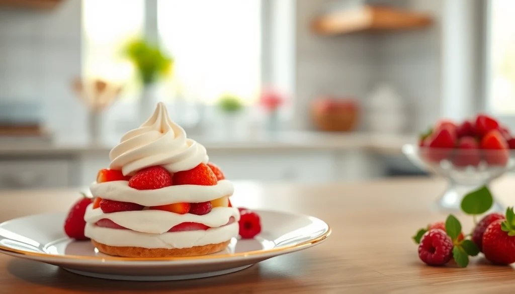 Mousseline dessert elegantly plated with fresh fruits en creamy topping in a warm kitchen setting.