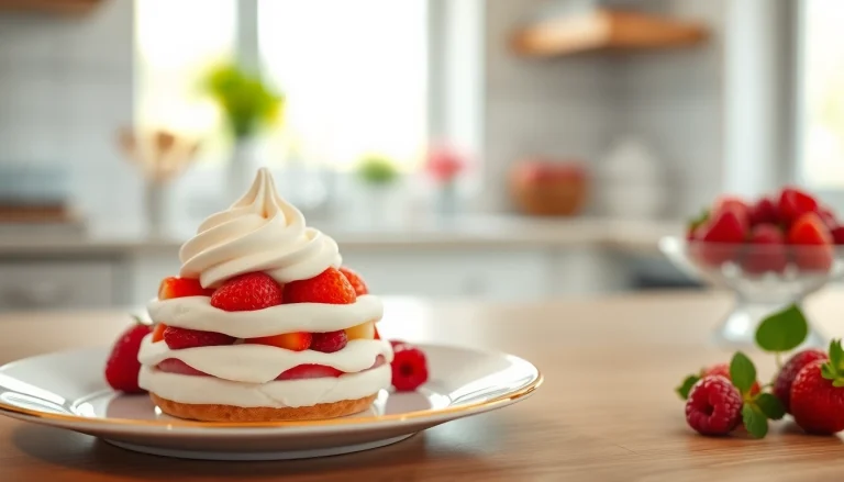 Mousseline dessert elegantly plated with fresh fruits en creamy topping in a warm kitchen setting.