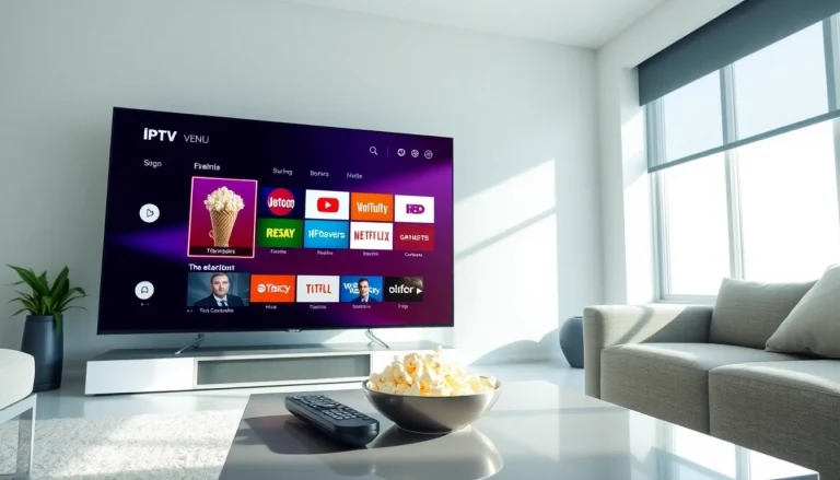 Abonnement iptv 12 mois avec interface de streaming sur un téléviseur moderne.