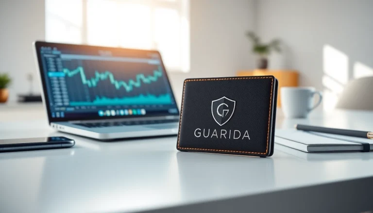 Visualize guarda wallet on a workspace desk, showcasing its digital interface and features.