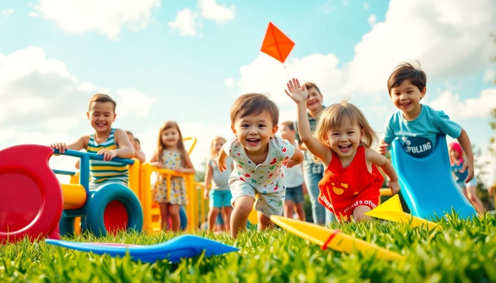 Kids entertainment scene with children playing and enjoying activities in a lively park.