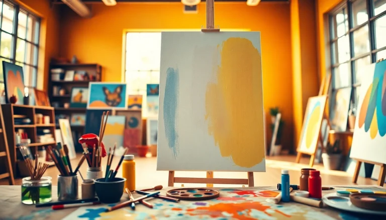 Canvas op een ezel met artistieke tools in een sfeervolle studio.
