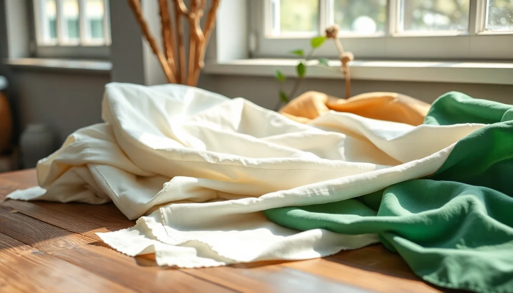 Katoen textiel in verschillende kleuren en structuren op een houten tafel.