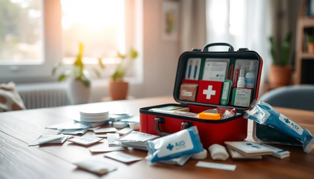 Providing first aid essentials with a detailed view of a professional kit and supplies.