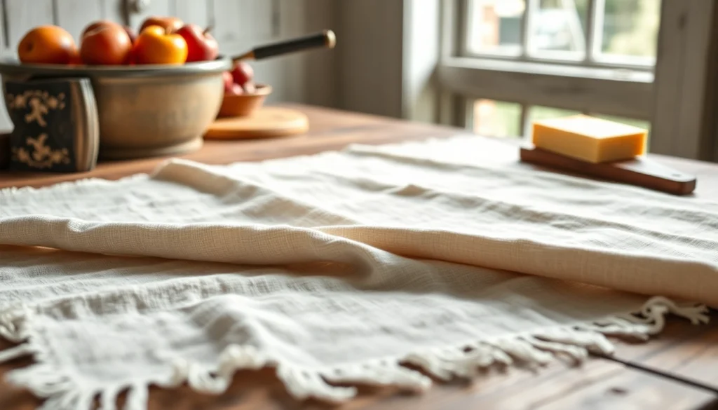Kaasdoek met natuurlijke textuur op een rustieke tafel, perfect voor verschillende keukentoepassingen.