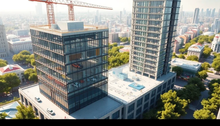 Architektur Visualisierung zeigt modern gestaltetes Gebäude in lebendigem Stadtbild.