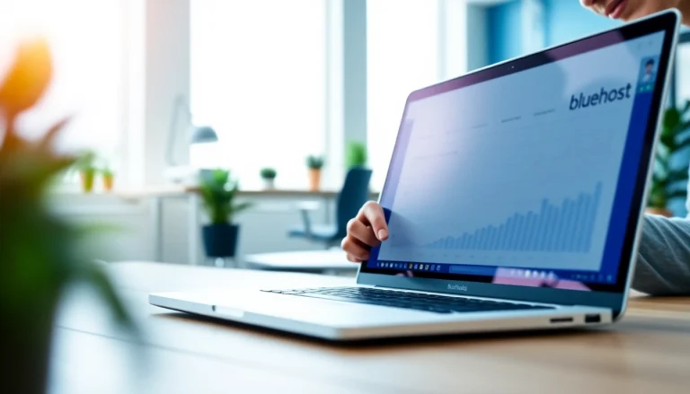 Analyze performance metrics using Bluehost in a modern office environment with a laptop.