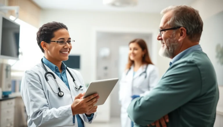 Highlighting top rated prescription applications with a healthcare professional discussing medication in a clinic.