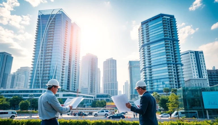 View international real estate development project with modern architecture and urban planners at work.