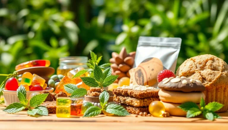 Showcase of vibrant wholesale CBD edibles, including gummies and chocolates, beautifully arranged.