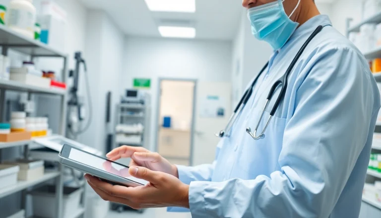 Healthcare provider managing best eprescription apps on a tablet in a modern clinic.