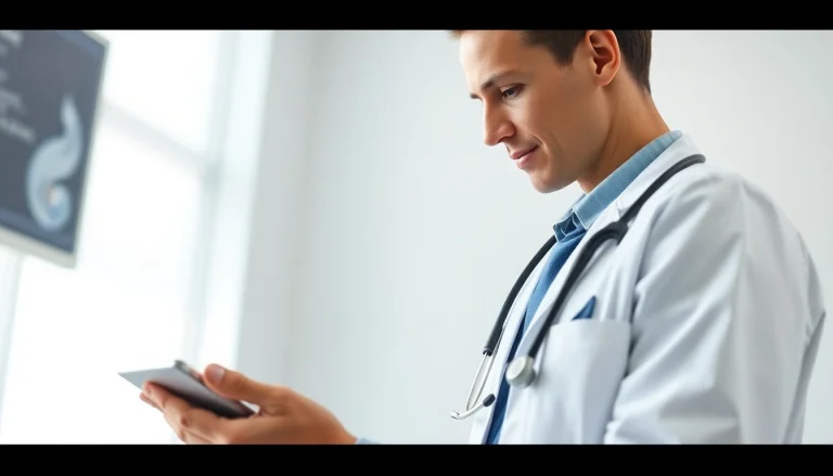 Engaging healthcare provider using best eprescription apps on a tablet in a modern clinic.